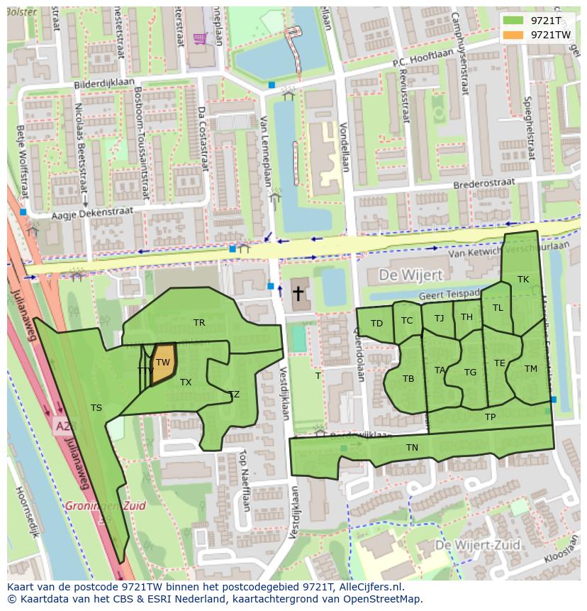 Afbeelding van het postcodegebied 9721 TW op de kaart.