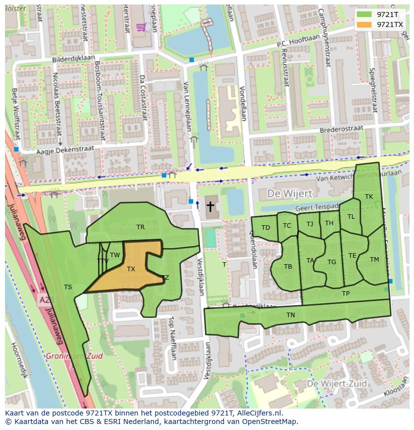 Afbeelding van het postcodegebied 9721 TX op de kaart.