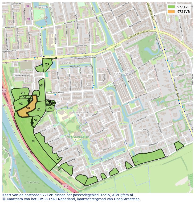 Afbeelding van het postcodegebied 9721 VB op de kaart.