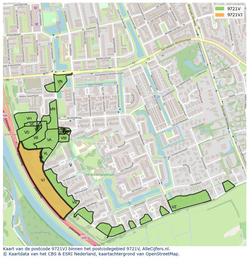Afbeelding van het postcodegebied 9721 VJ op de kaart.