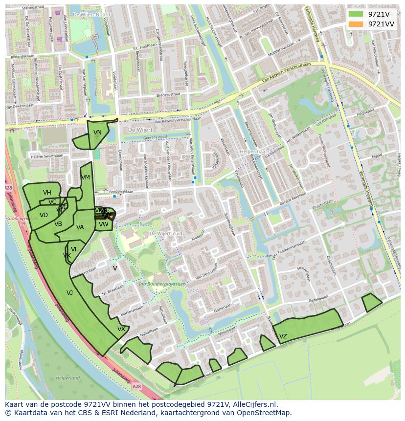 Afbeelding van het postcodegebied 9721 VV op de kaart.