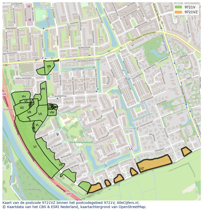 Afbeelding van het postcodegebied 9721 VZ op de kaart.