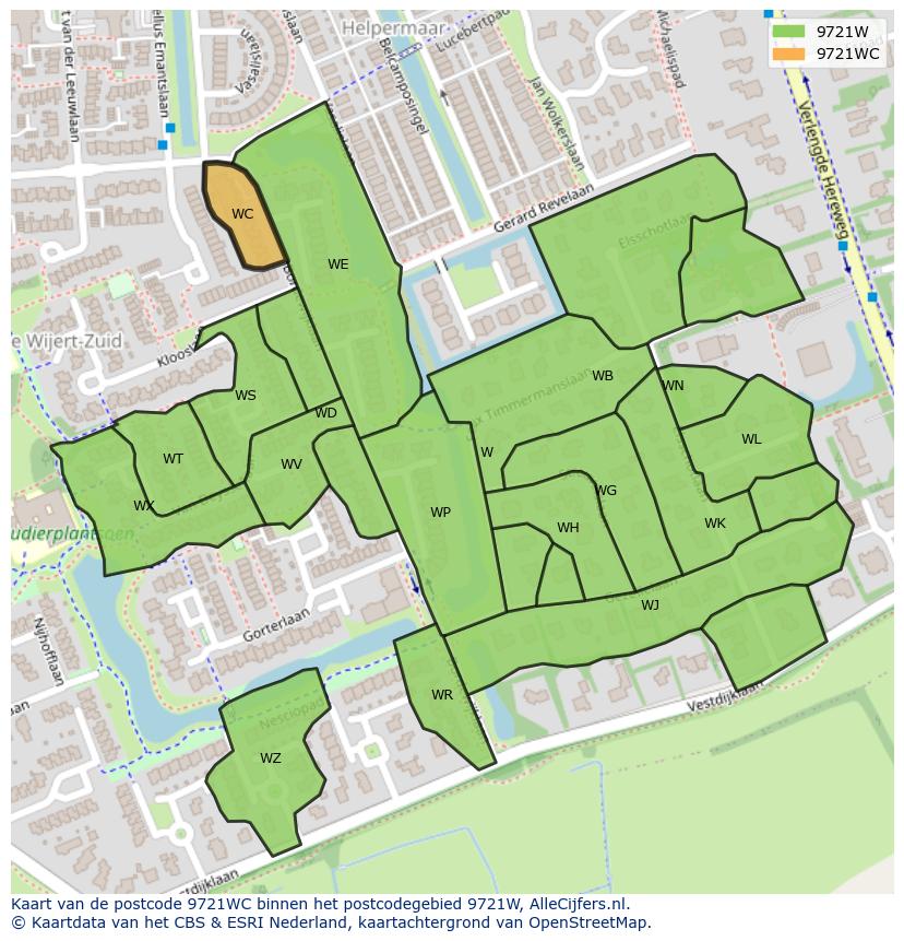 Afbeelding van het postcodegebied 9721 WC op de kaart.