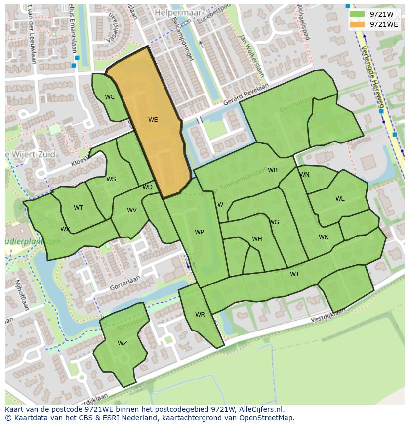Afbeelding van het postcodegebied 9721 WE op de kaart.