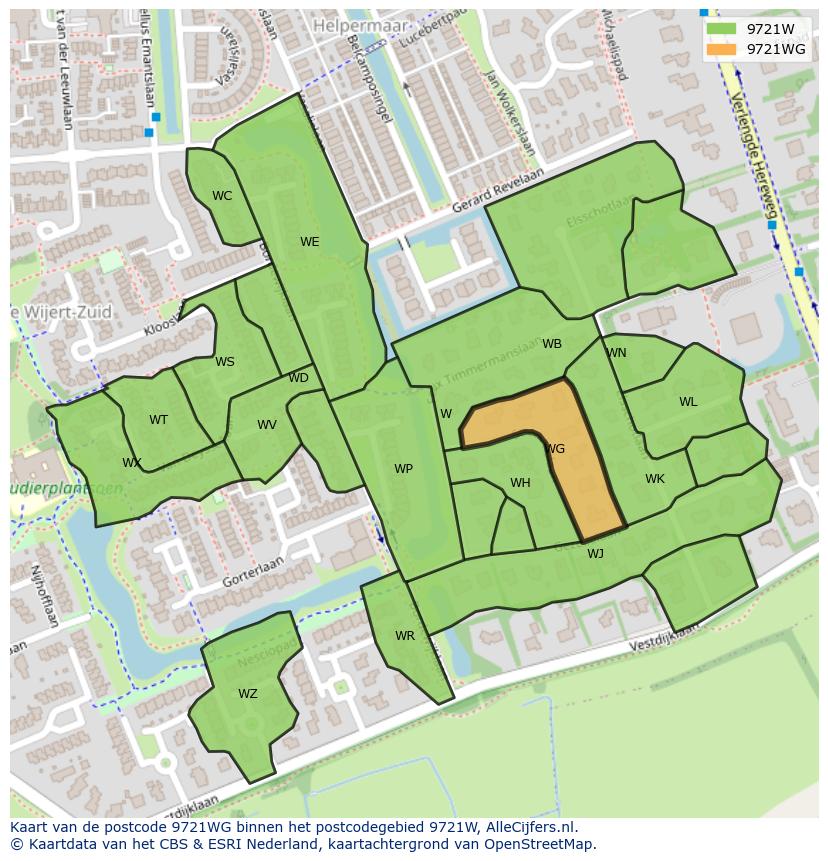 Afbeelding van het postcodegebied 9721 WG op de kaart.