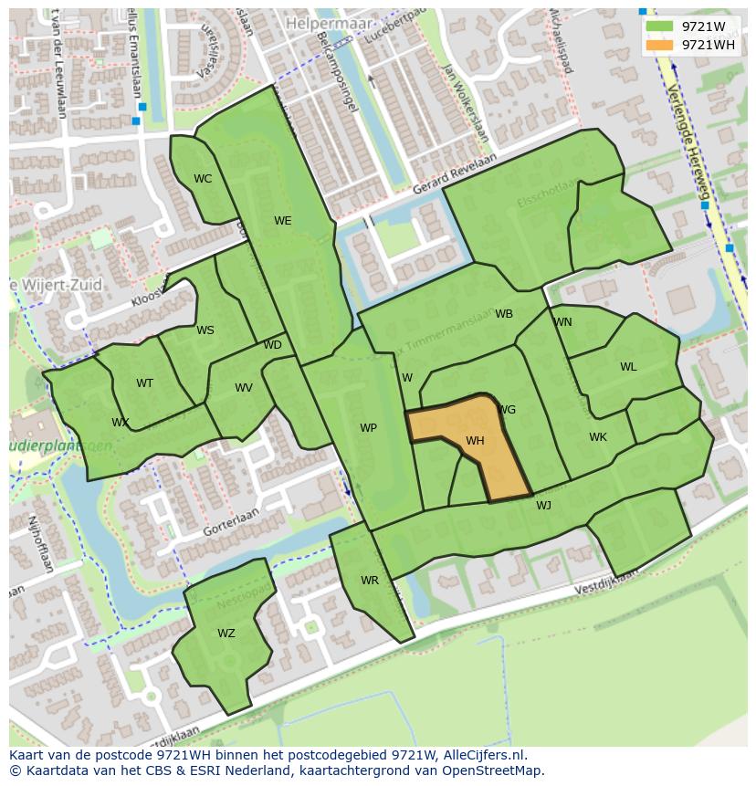 Afbeelding van het postcodegebied 9721 WH op de kaart.