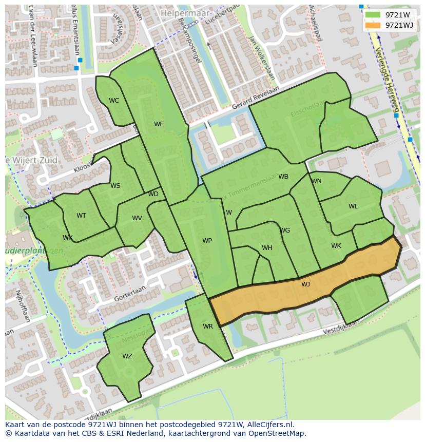 Afbeelding van het postcodegebied 9721 WJ op de kaart.