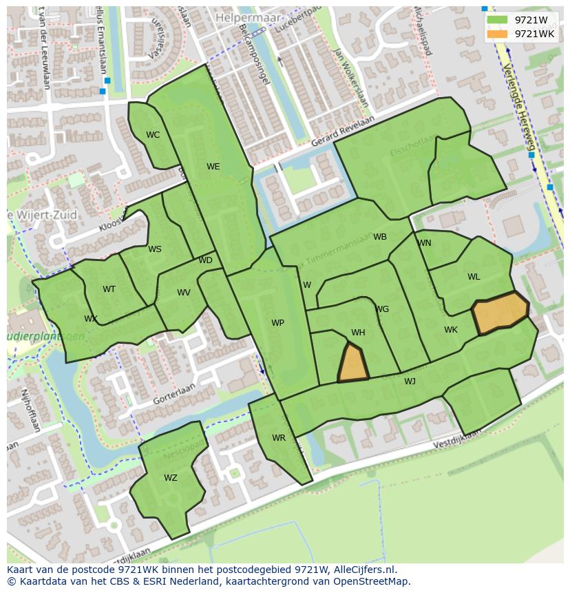 Afbeelding van het postcodegebied 9721 WK op de kaart.