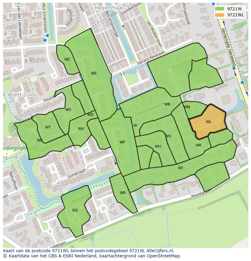 Afbeelding van het postcodegebied 9721 WL op de kaart.
