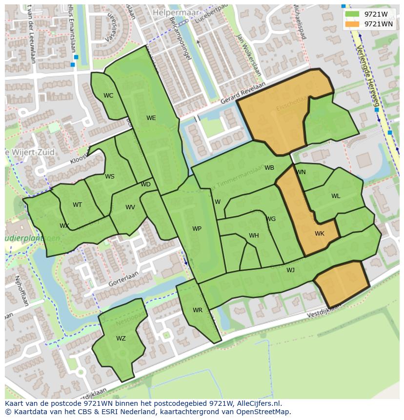 Afbeelding van het postcodegebied 9721 WN op de kaart.