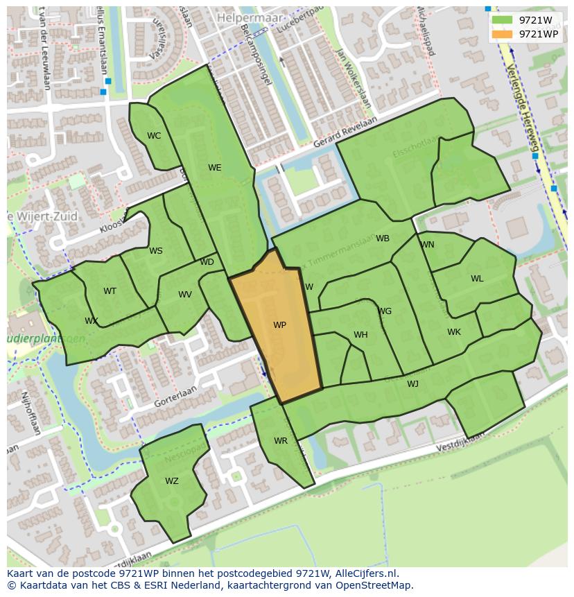 Afbeelding van het postcodegebied 9721 WP op de kaart.