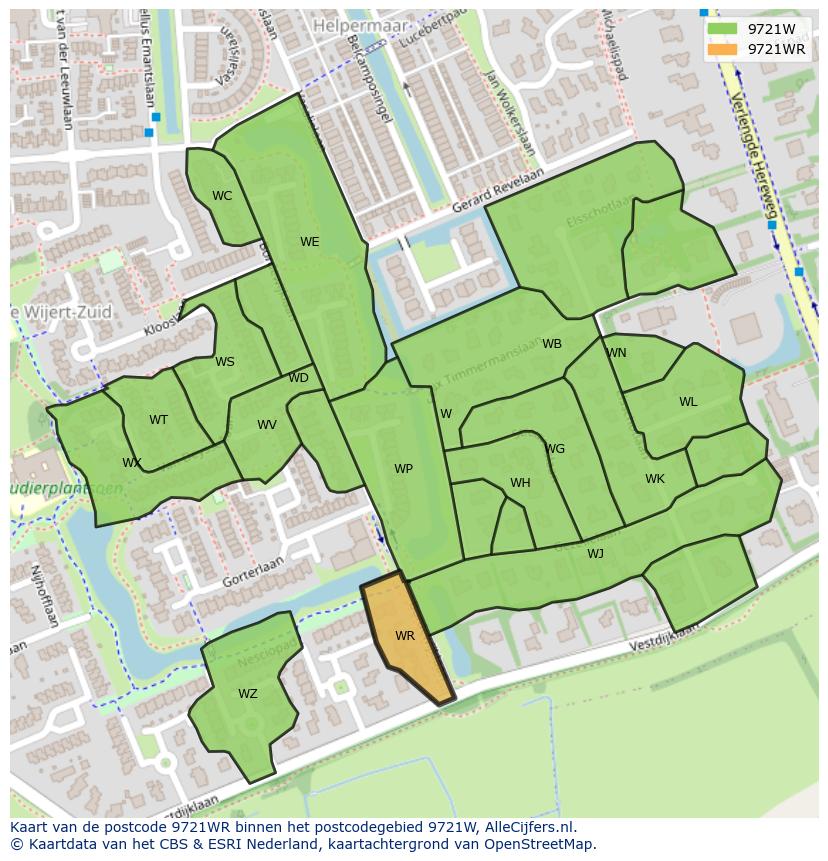 Afbeelding van het postcodegebied 9721 WR op de kaart.