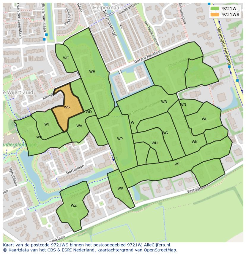 Afbeelding van het postcodegebied 9721 WS op de kaart.