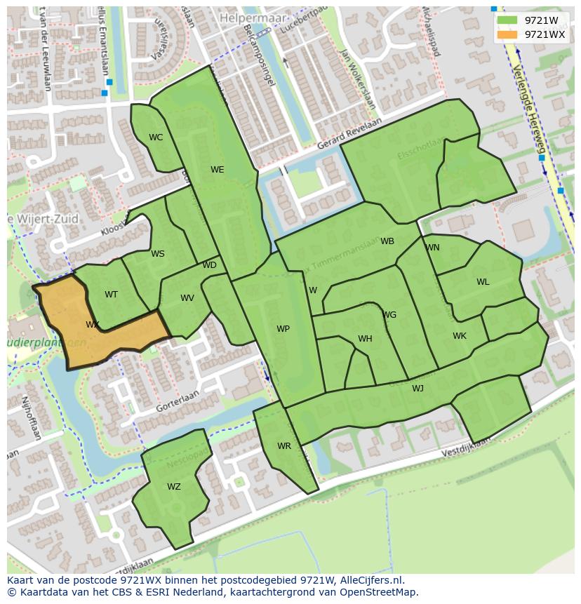 Afbeelding van het postcodegebied 9721 WX op de kaart.