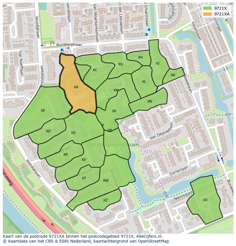 Afbeelding van het postcodegebied 9721 XA op de kaart.