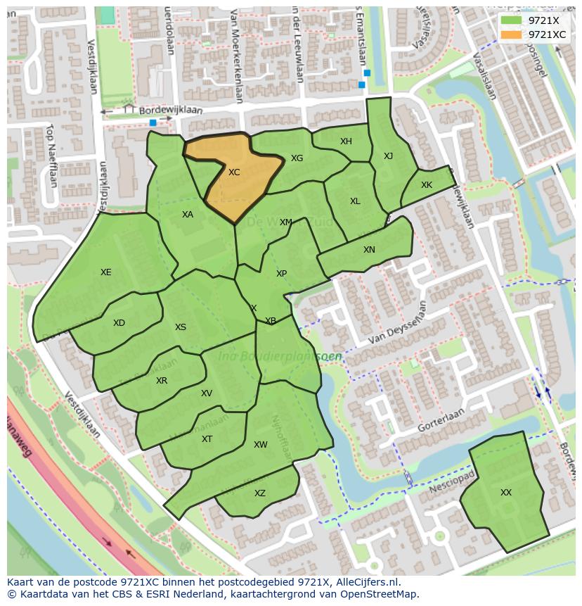 Afbeelding van het postcodegebied 9721 XC op de kaart.