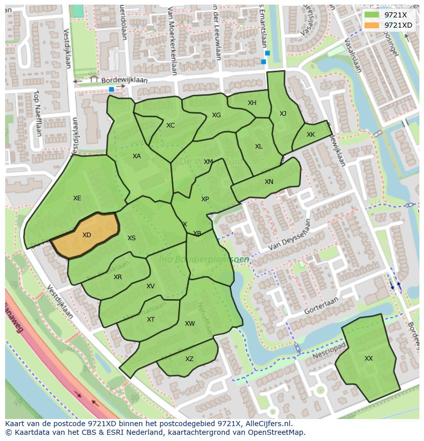 Afbeelding van het postcodegebied 9721 XD op de kaart.