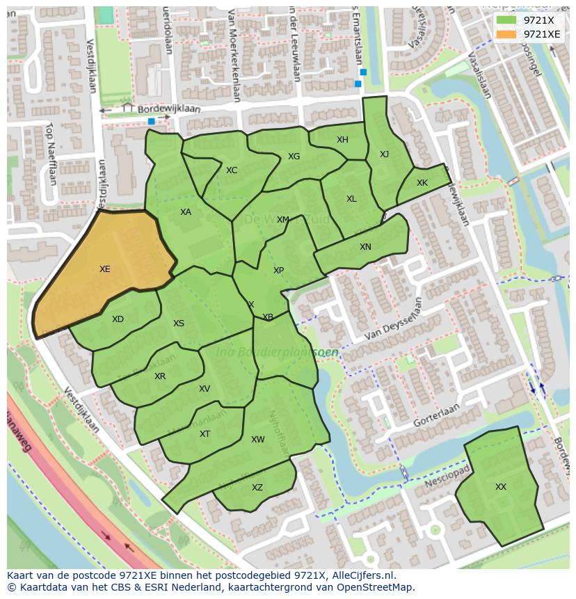 Afbeelding van het postcodegebied 9721 XE op de kaart.