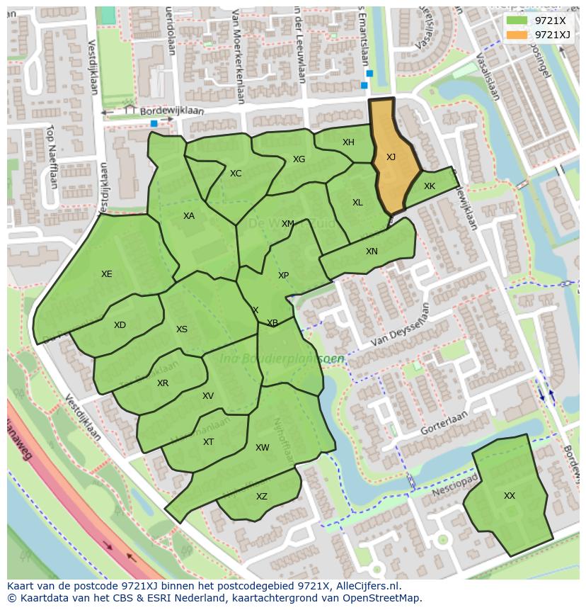 Afbeelding van het postcodegebied 9721 XJ op de kaart.