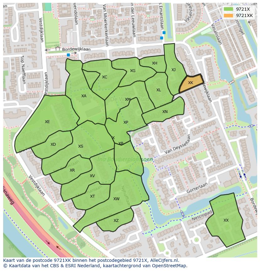 Afbeelding van het postcodegebied 9721 XK op de kaart.