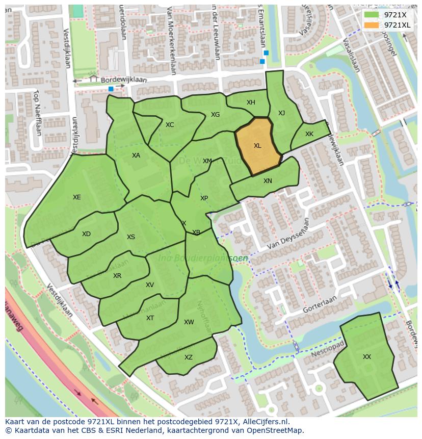 Afbeelding van het postcodegebied 9721 XL op de kaart.