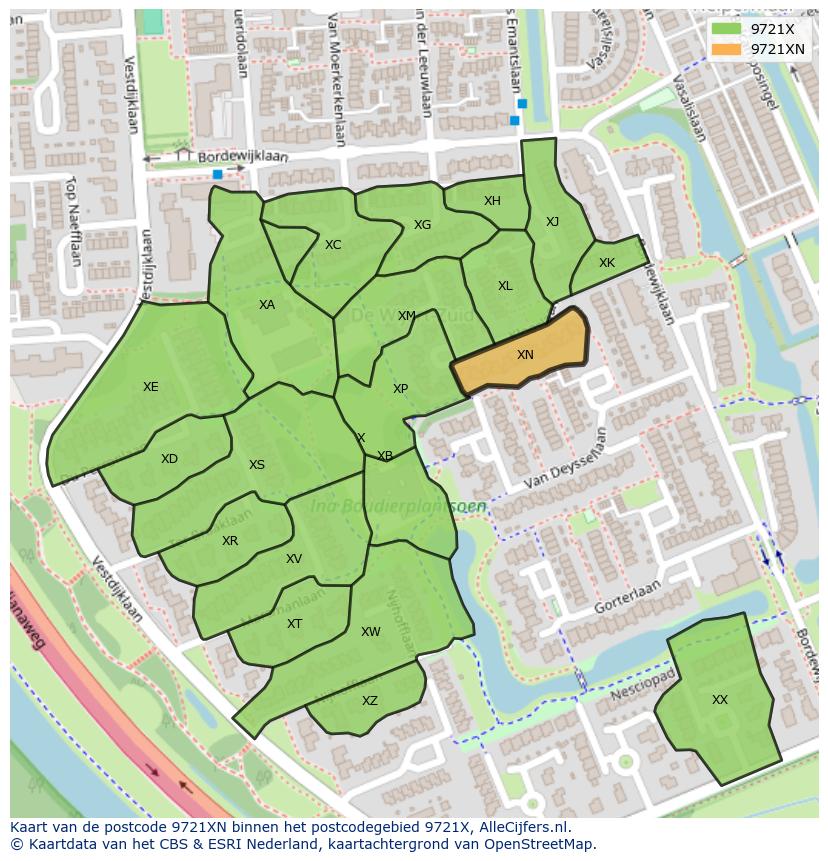 Afbeelding van het postcodegebied 9721 XN op de kaart.
