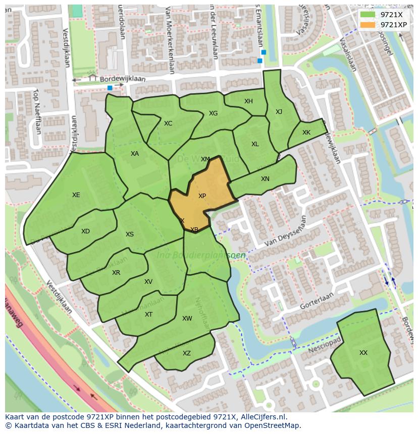 Afbeelding van het postcodegebied 9721 XP op de kaart.