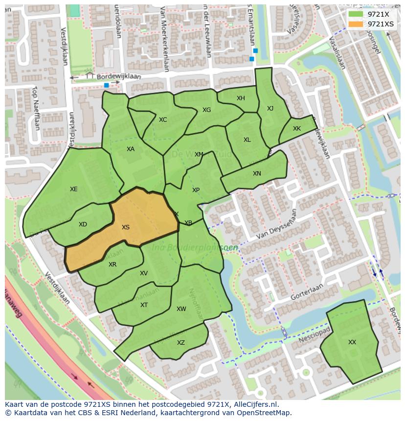 Afbeelding van het postcodegebied 9721 XS op de kaart.