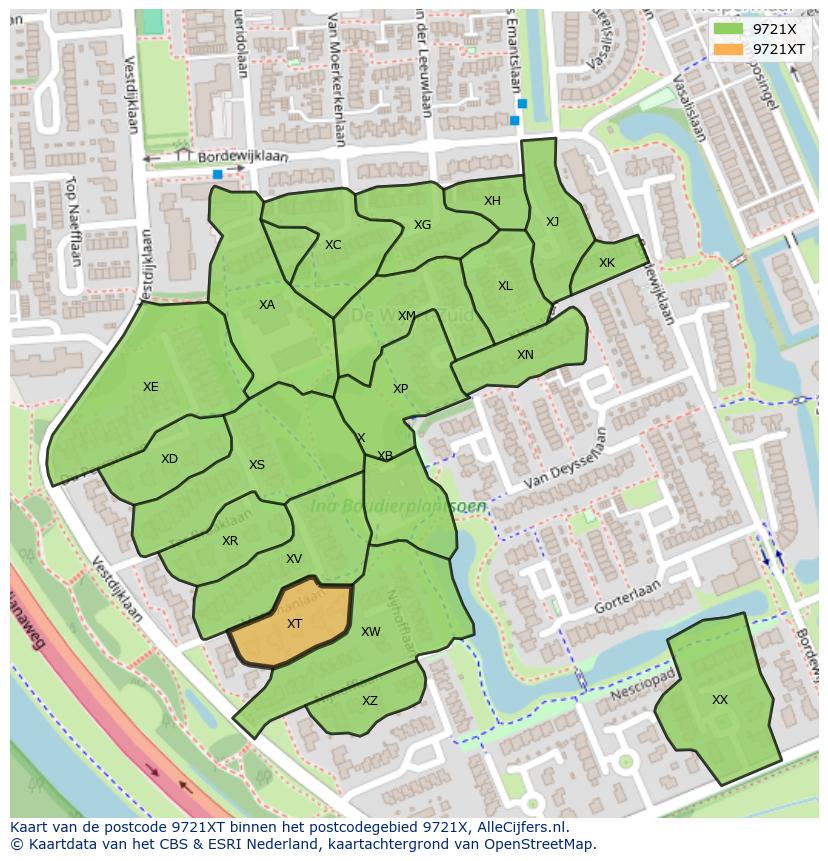 Afbeelding van het postcodegebied 9721 XT op de kaart.
