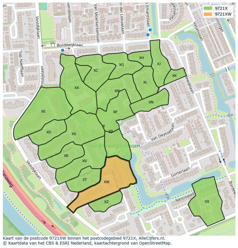 Afbeelding van het postcodegebied 9721 XW op de kaart.