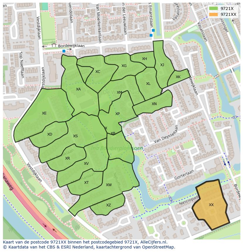 Afbeelding van het postcodegebied 9721 XX op de kaart.