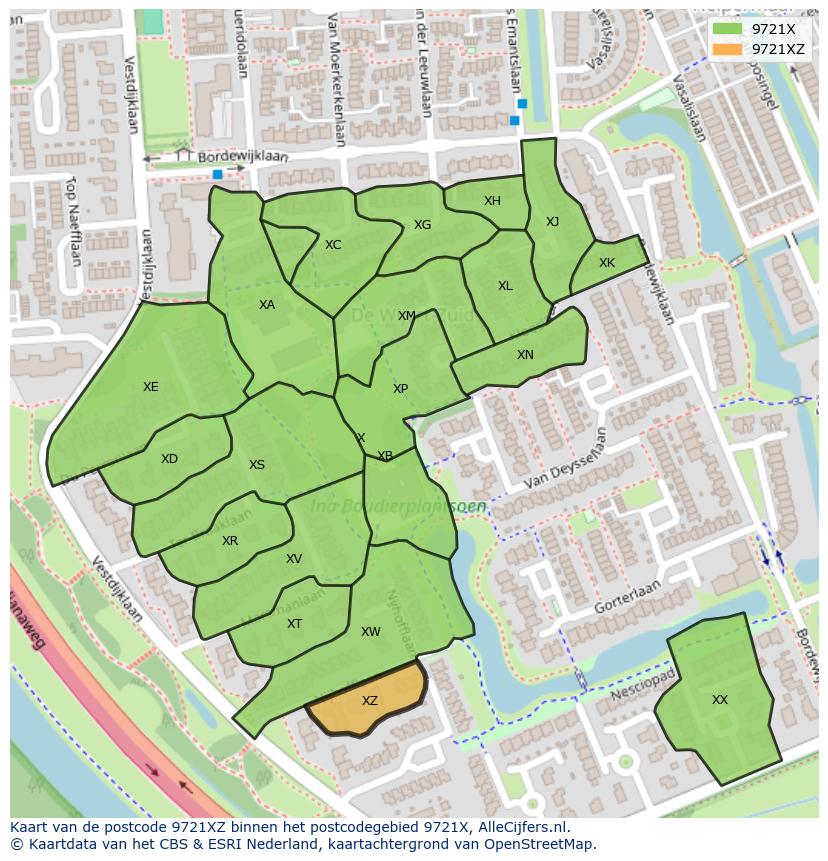 Afbeelding van het postcodegebied 9721 XZ op de kaart.