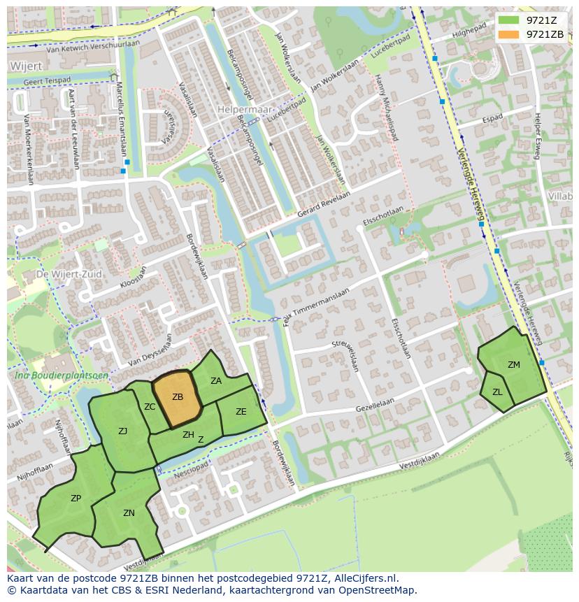 Afbeelding van het postcodegebied 9721 ZB op de kaart.