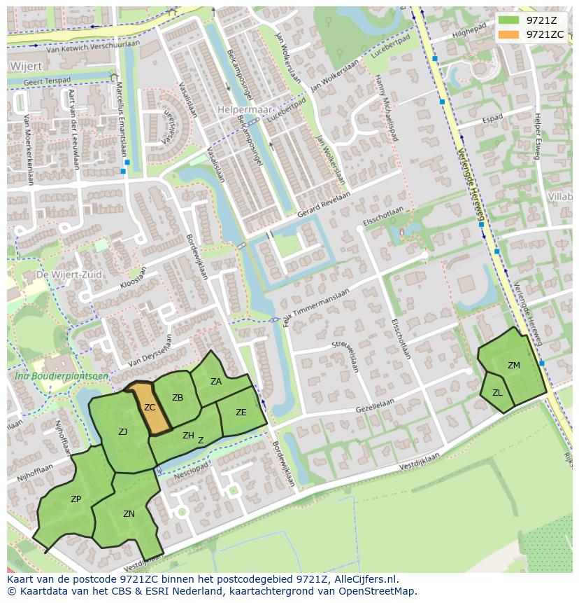 Afbeelding van het postcodegebied 9721 ZC op de kaart.