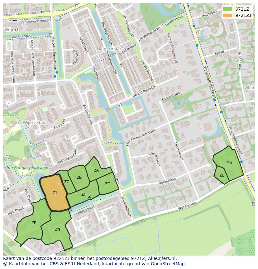 Afbeelding van het postcodegebied 9721 ZJ op de kaart.