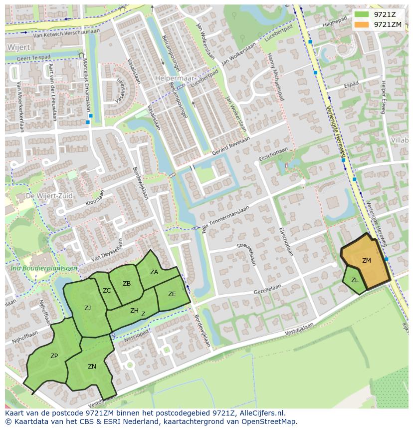 Afbeelding van het postcodegebied 9721 ZM op de kaart.