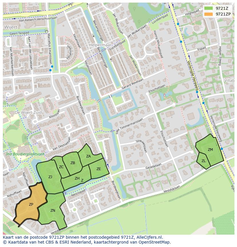 Afbeelding van het postcodegebied 9721 ZP op de kaart.