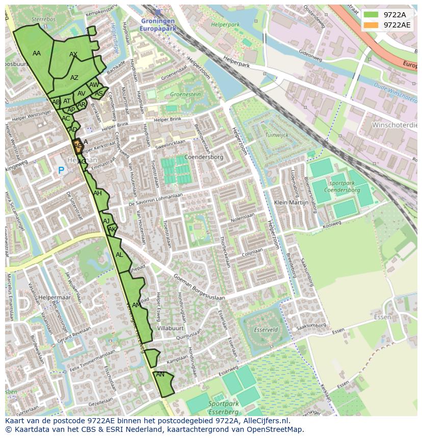 Afbeelding van het postcodegebied 9722 AE op de kaart.