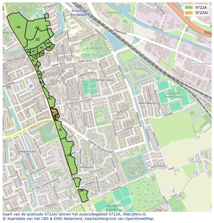 Afbeelding van het postcodegebied 9722 AJ op de kaart.