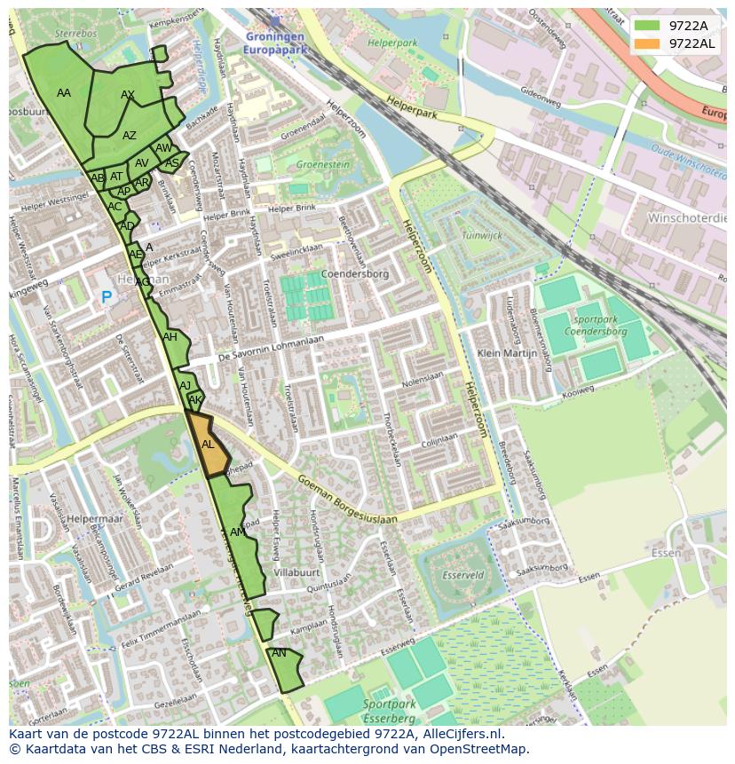 Afbeelding van het postcodegebied 9722 AL op de kaart.