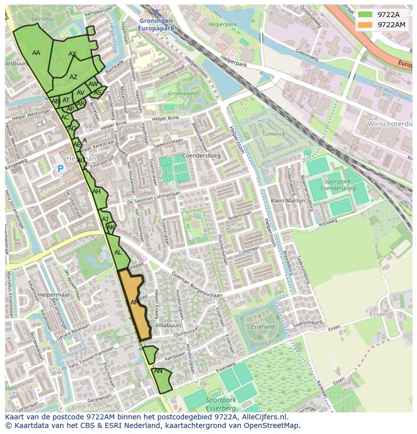 Afbeelding van het postcodegebied 9722 AM op de kaart.