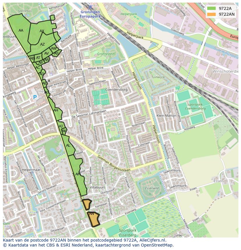 Afbeelding van het postcodegebied 9722 AN op de kaart.