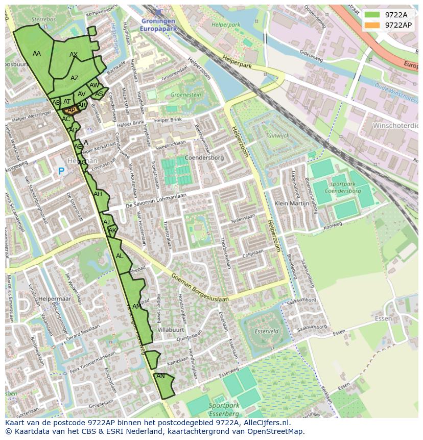 Afbeelding van het postcodegebied 9722 AP op de kaart.