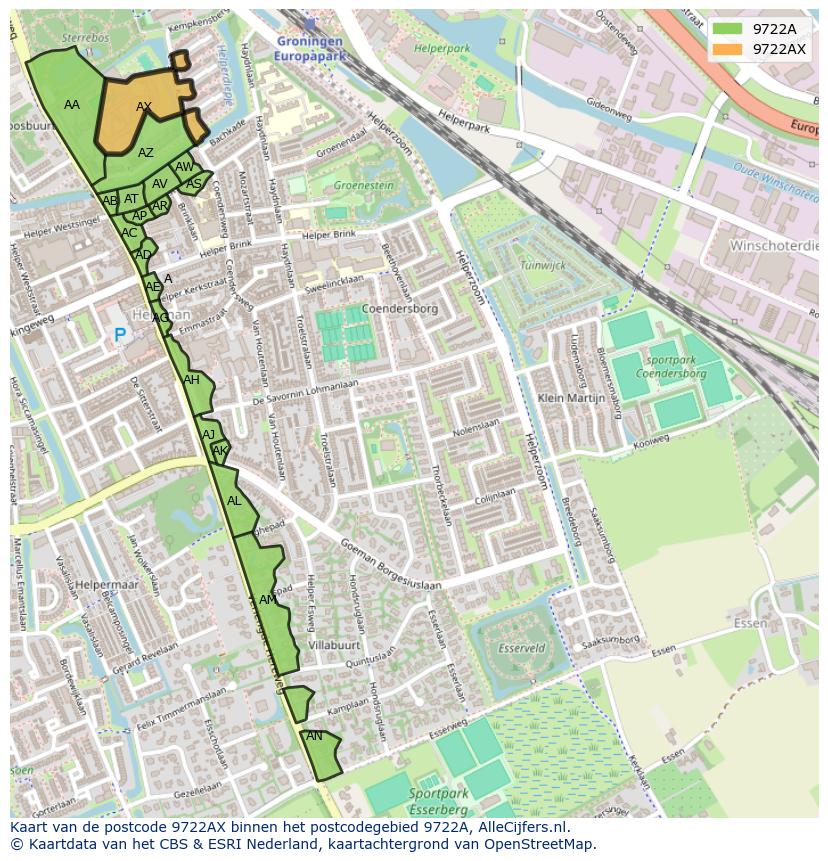 Afbeelding van het postcodegebied 9722 AX op de kaart.