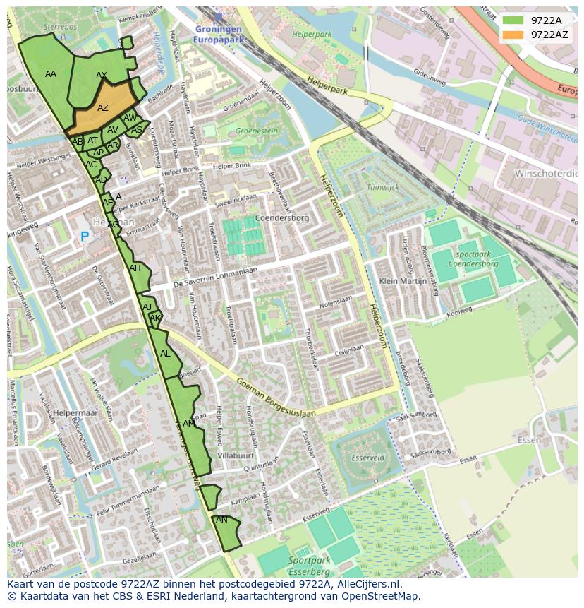 Afbeelding van het postcodegebied 9722 AZ op de kaart.