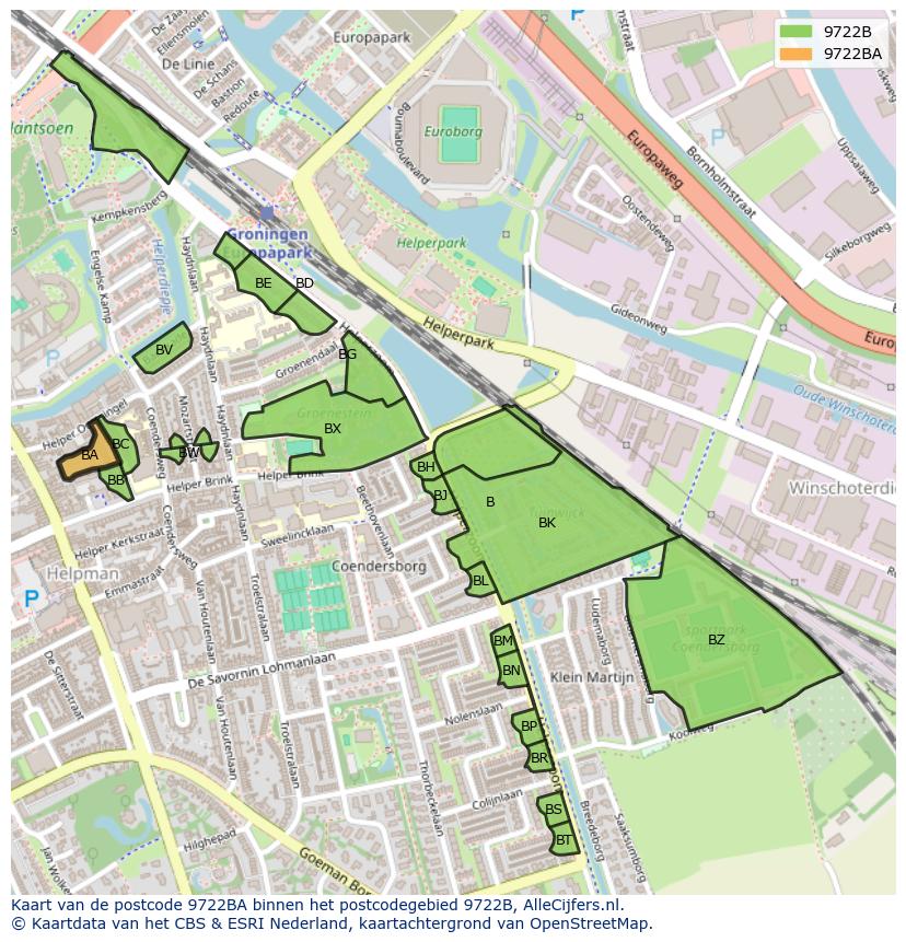 Afbeelding van het postcodegebied 9722 BA op de kaart.