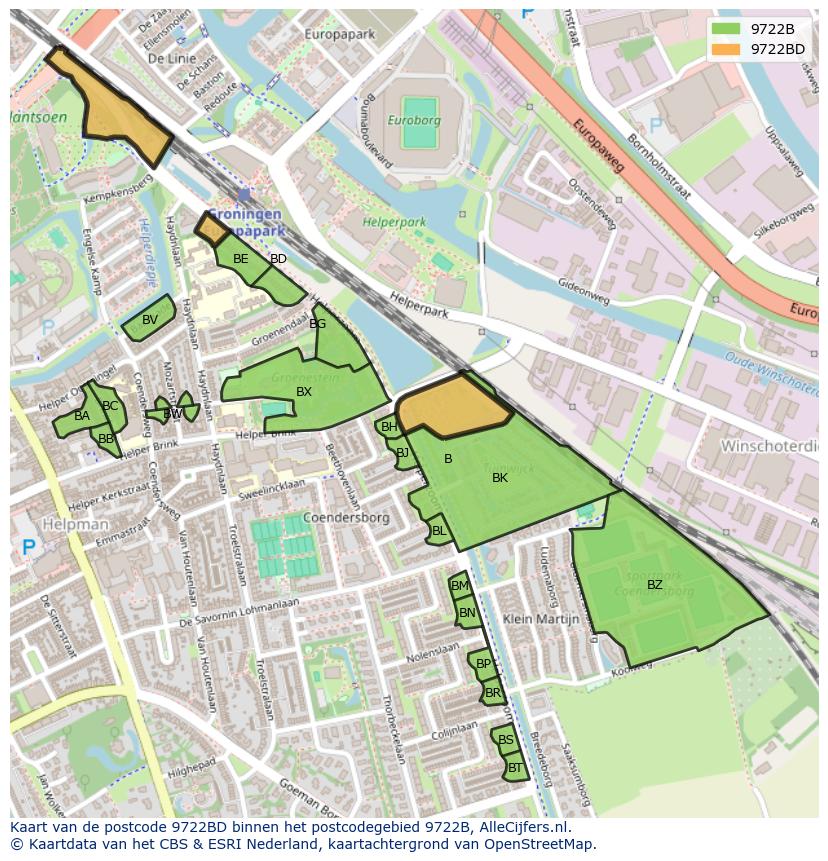 Afbeelding van het postcodegebied 9722 BD op de kaart.