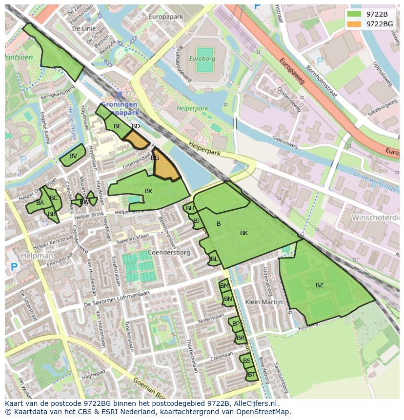 Afbeelding van het postcodegebied 9722 BG op de kaart.