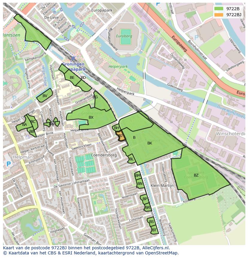 Afbeelding van het postcodegebied 9722 BJ op de kaart.