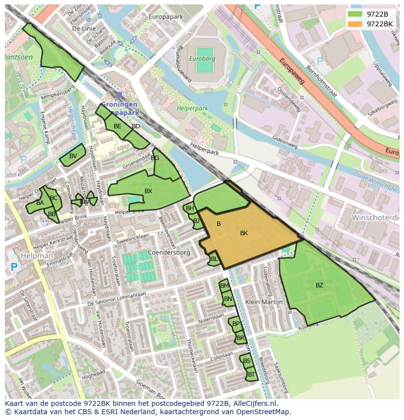 Afbeelding van het postcodegebied 9722 BK op de kaart.